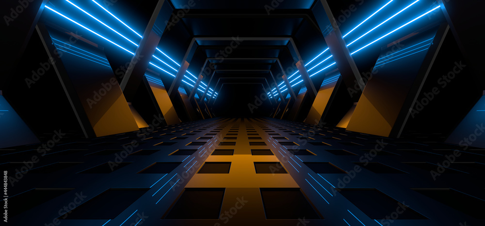 Sci Fy neon lamps in a dark corridor. Reflections on the floor and walls. 3d rendering image. Sci Fy neon lamps in a dark corridor. Reflections on the floor and walls. 3d rendering image.