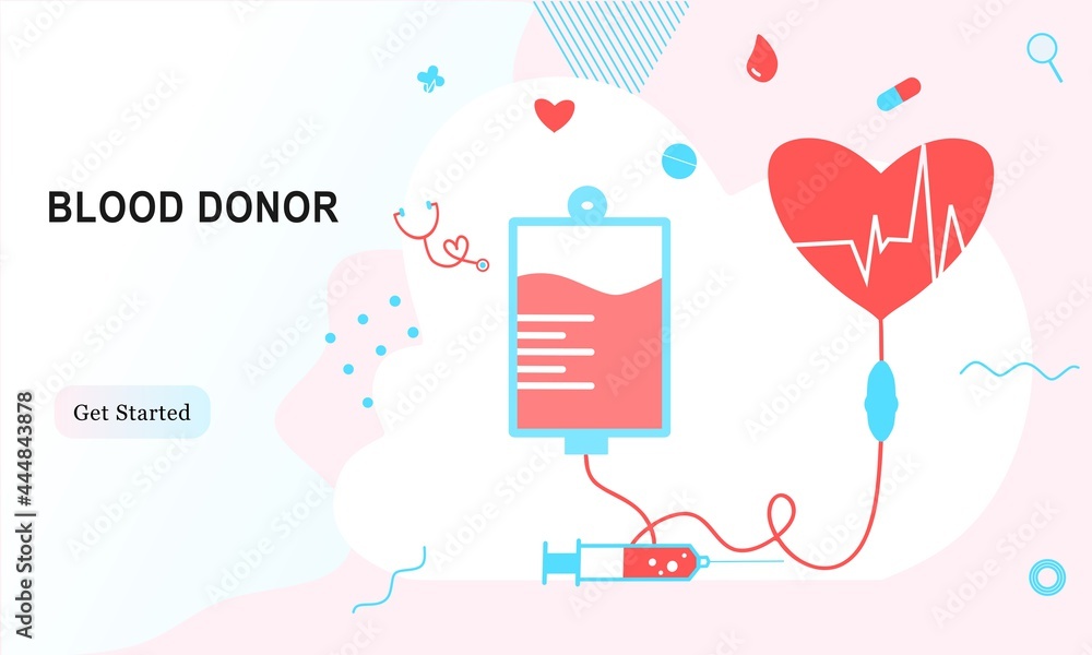 Blood donation, blood donor charity concept. World blood donor day, health care for banner, poster, card, UI, web. Landing page template for blood bank, clinic, hospital. Flat vector illustration.