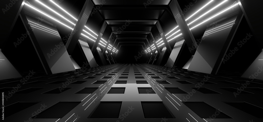 Obraz premium A dark tunnel lit by white neon lights. Reflections on the floor and walls. 3d rendering image.