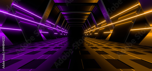 Fototapeta Naklejka Na Ścianę i Meble -  Sci Fy neon lamps in a dark corridor. Reflections on the floor and walls. 3d rendering image.