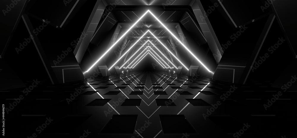Obraz premium A dark tunnel lit by white neon lights. Reflections on the floor and walls. 3d rendering image.