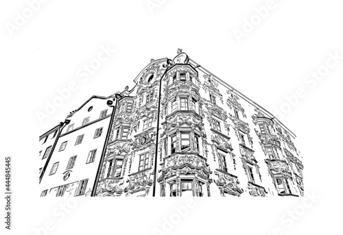 Building view with landmark of Innsbruck is the 
city in Austria. Hand drawn sketch illustration in vector.