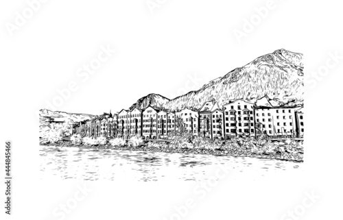 Building view with landmark of Innsbruck is the 
city in Austria. Hand drawn sketch illustration in vector.