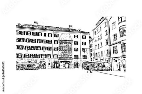 Building view with landmark of Innsbruck is the 
city in Austria. Hand drawn sketch illustration in vector.