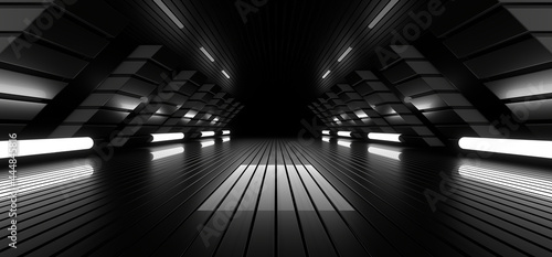 A dark tunnel lit by white neon lights. Reflections on the floor and walls. 3d rendering image.