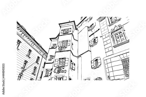 Building view with landmark of Innsbruck is the 
city in Austria. Hand drawn sketch illustration in vector.