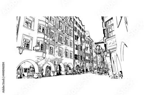 Building view with landmark of Innsbruck is the 
city in Austria. Hand drawn sketch illustration in vector.