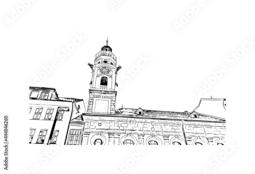 Building view with landmark of Innsbruck is the 
city in Austria. Hand drawn sketch illustration in vector.