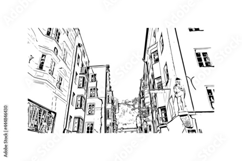 Building view with landmark of Innsbruck is the 
city in Austria. Hand drawn sketch illustration in vector.