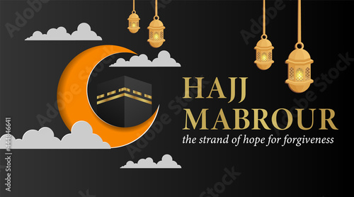 Hajj Mabrour Background with  flat Kaaba, Lantern, and 3d Crescent Moon
