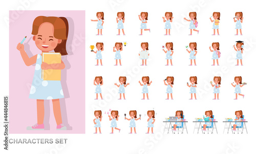 Set of children character vector design. Girl wear blue dress. Presentation in various action with emotions, running, standing and walking.