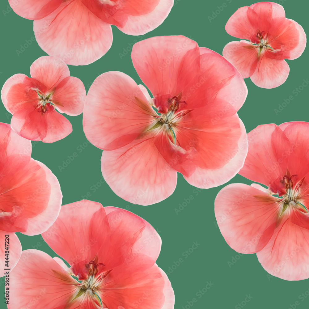 Geranium. Illustration, texture of flowers. Seamless pattern for continuous replication. Floral background, photo collage for textile, cotton fabric. For wallpaper, covers, print.