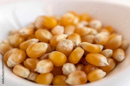 granos de maíz palomero crudo sobre fondo blanco