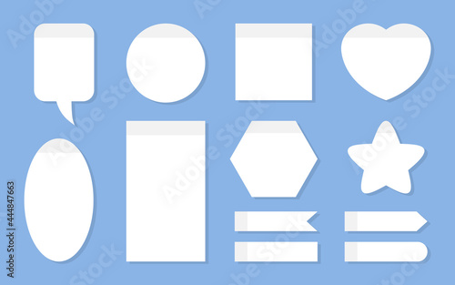 Office notes planning sticker set. Template empty white paper for notepad and scheduling. Different shapes as speech bubble, heart, round, star, square. Kit memo blank reminders. Vector illustration