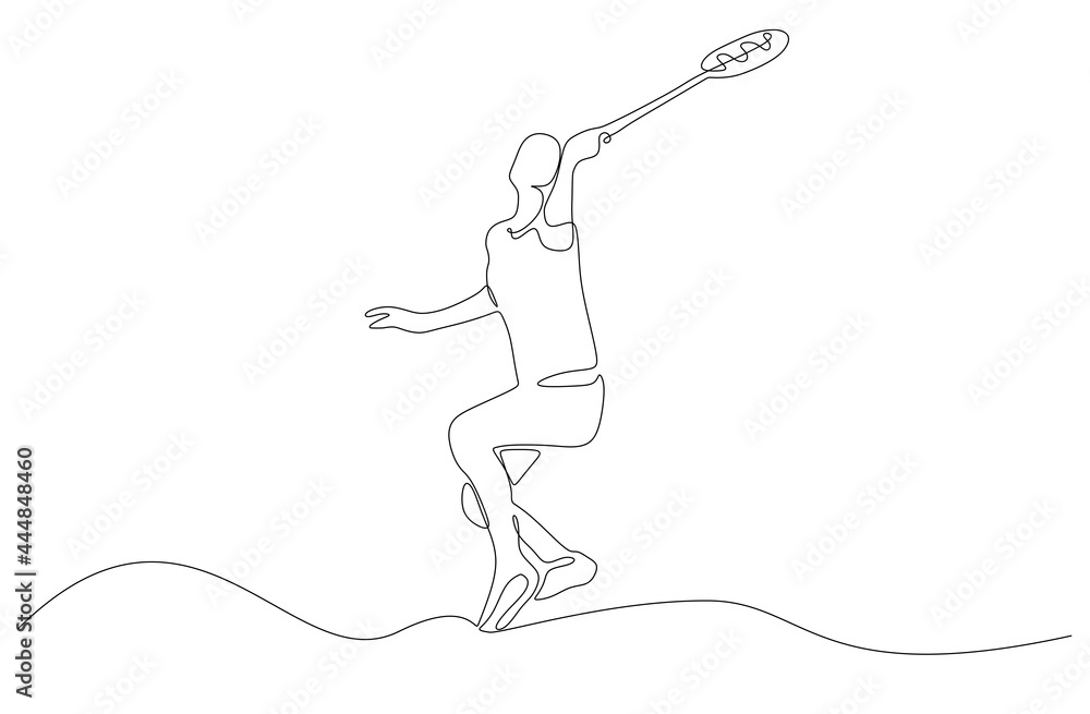 Continuous single line drawing of young agile female badminton player receive the incoming ball. Sport training concept. Trendy one line draw design vector illustration for badminton Continuous single line drawing of young agile female badminton player receive the incoming ball. Sport training concept. Trendy one line draw design vector illustration for badminton