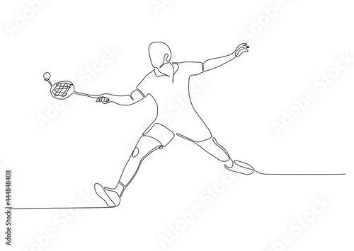 One single line drawing of young male energetic badminton player take opponent's hit graphic vector illustration. Healthy sport concept. Modern continuous line draw design for badminton