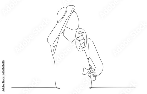 Single continuous line drawing of badminton player give salute after the match finished. Sport exercise concept. Trendy one line draw design vector