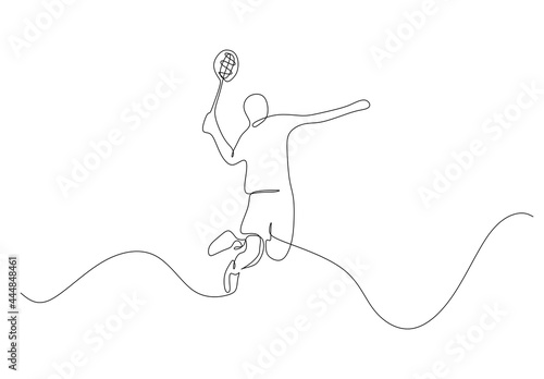 Single continuous line drawing of young agile badminton player jump hit shuttlecock. Sport training concept. Trendy one line draw design vector illustration for badminton tournament