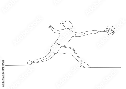 One single line drawing of young female energetic badminton player take opponent's hit graphic vector illustration. Healthy sport concept. Modern continuous line draw design