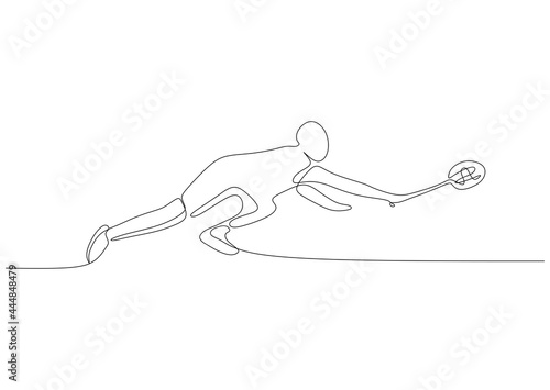 One single line drawing of young energetic badminton player take opponent's hit graphic vector illustration. Healthy sport concept. Modern continuous line draw design for badminton tournament poster