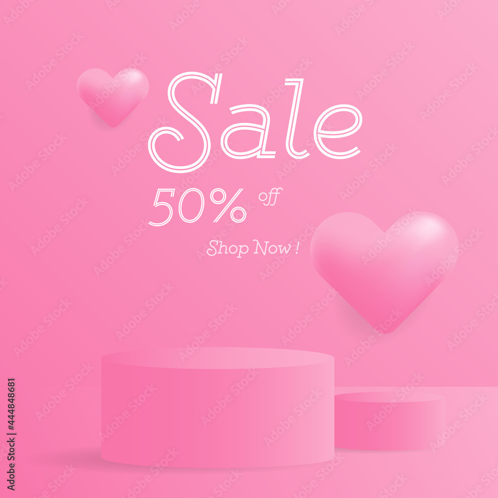 pink product podium with hearts baloon for sale banner. vector design