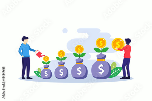 Investment concept, people watering money tree with coins, increase financial investment profit vector illustration. Flat vector template Style Suitable for Web Landing Page, Background.