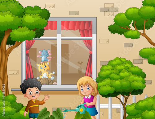 Cartoon girl watering plants in the yard