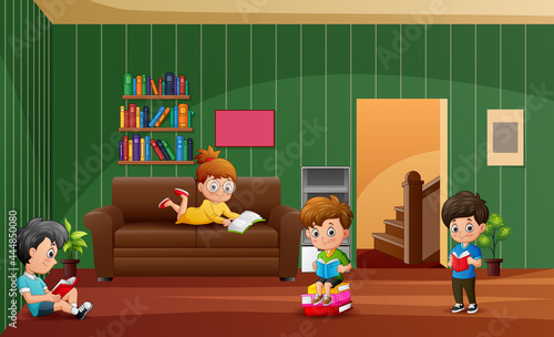 Cartoon the children learning at home illustration