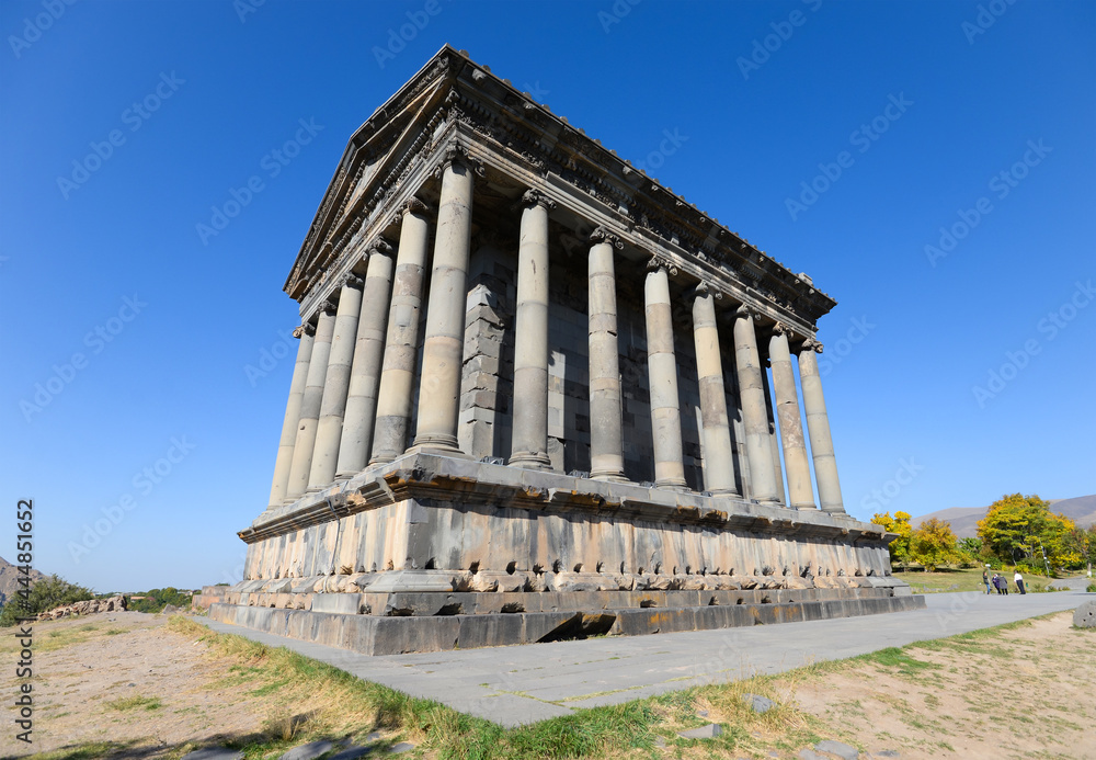 Temple of Garni in Garni, Armenia. Tourist attraction and central shrine of Hetanism, the Armenian neopaganism. Greco-Roman colonnaded building.