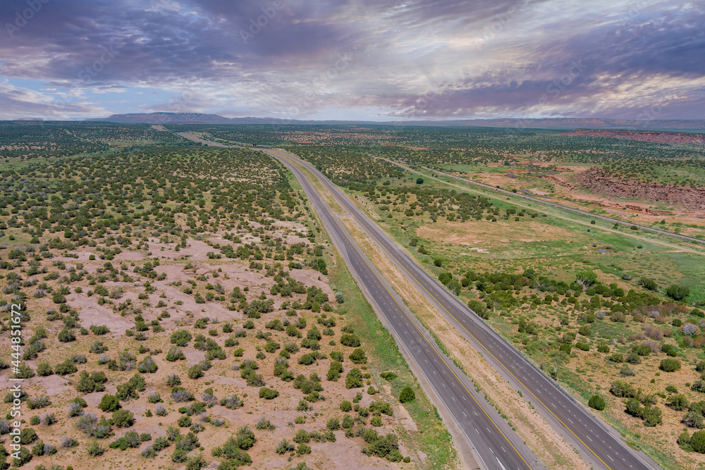 Aerial view over route 66 desert highway road in New Mexico