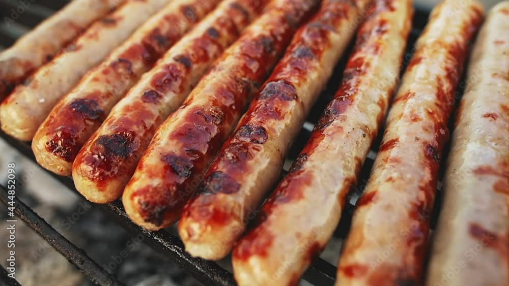 Delicious sausages with red crust roast on black grill grid against fire smoke on sunny summer barbeque weekend day close view Delicious sausages with red crust roast on black grill grid against fire smoke on sunny summer barbeque weekend day close view
