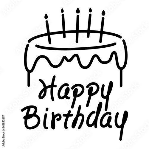 Image birthday cake and happy birthday words, simple hand sketch style, black line graphics on white background.