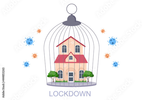 Lockdown To Stop COVID-19 Coronavirus With Cage or Virus Barrier Tape Over The City In Normal Operation. Background Landing Page Illustration