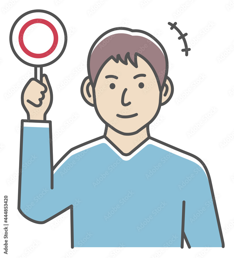 ○×プレートを手に持つ若い男性のイラスト(上半身) / マル・○
○×プレートを手に持つ若い男性のイラスト(上半身) / マル・○