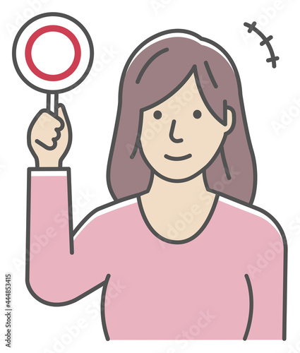 ○×プレートを手に持つ若い女性のイラスト（上半身) / マル・○
