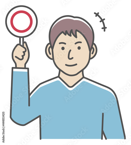 ○×プレートを手に持つ若い男性のイラスト（上半身) / マル・○

