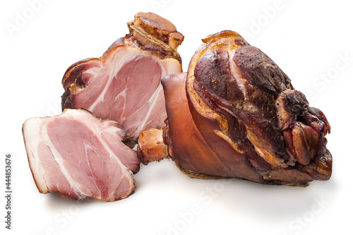 Fotografie Appetizing golden smoked pork shank