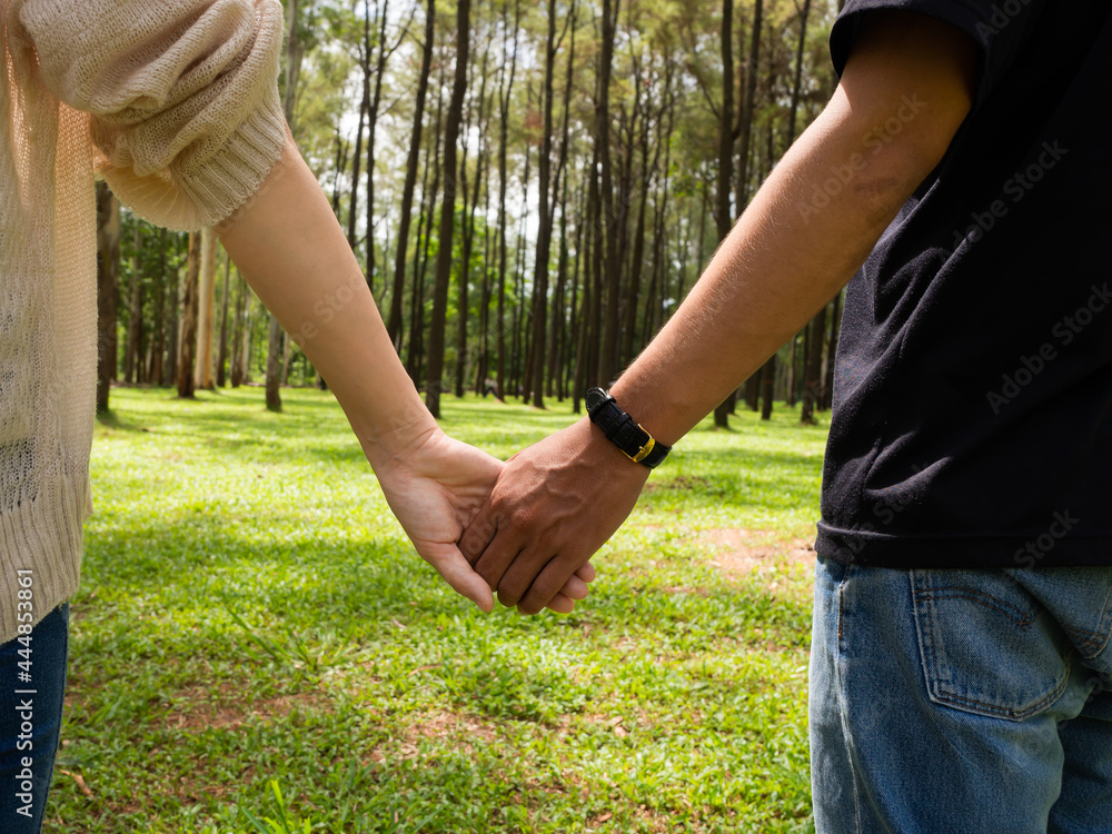 young couple holding hand while working or spending time outdoor plublic park in warm summer daylight. green grass space. reunion and together again. family time happy life concept young couple holding hand while working or spending time outdoor plublic park in warm summer daylight. green grass space. reunion and together again. family time happy life concept