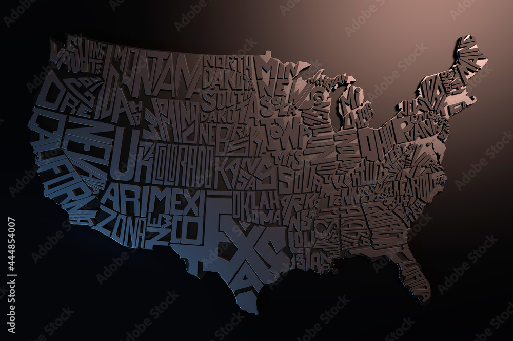 Artistic Lettering 3d Geographic Map of USA Render