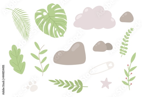 Tropical leaves and stones. Green leaf and palm twig, sprig clipart. Vector illustrations.