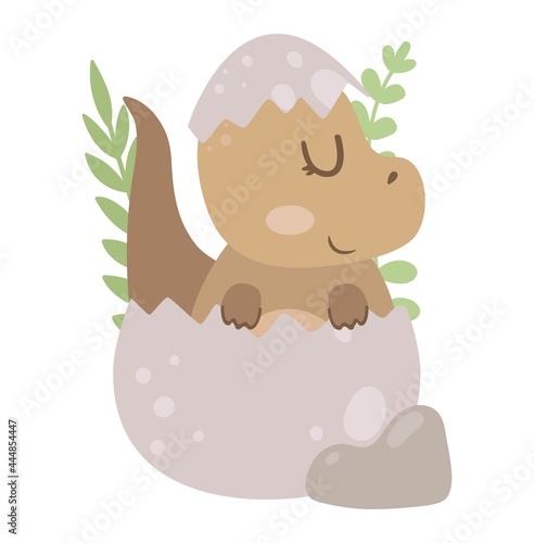 Newborn dinosaur in cracked egg. Tropical nature. Vector Baby shower clipart. Little dino. 