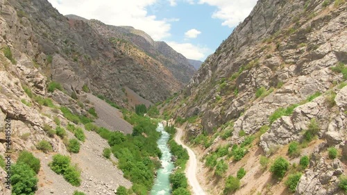 Aerial View Of Pskem River At The Valley Of Rocky Mountain Range In Uzbekistan. photo