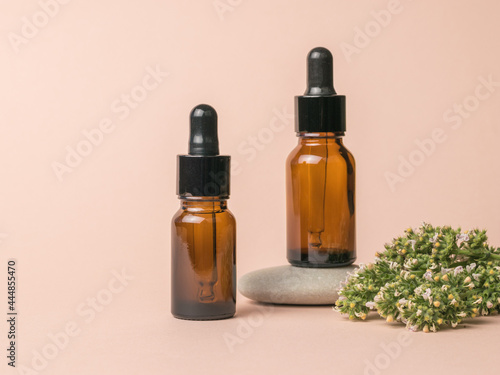 Two medical bottles  medicinal herbs and a stone on a beige background.