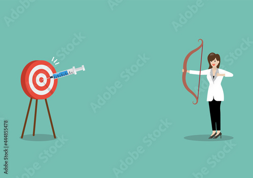 Female doctor or medical research staff shooting vaccine syringe as arrow hitting bullseye target