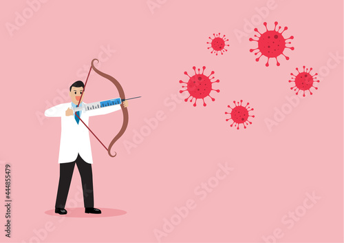 Doctor fighting with coronavirus by syringe with vaccine
