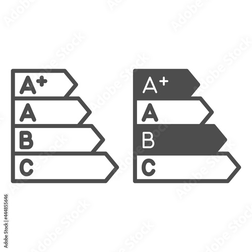 Energy efficiency bands line and solid icon, monitors and TV concept, energy efficiency rating vector sign on white background, outline style icon for mobile concept and web design. Vector graphics.