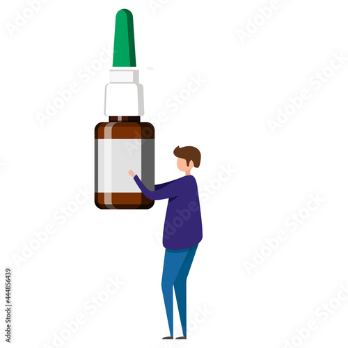 man holding nasal drops and spray to ease breathing during allergy and illness. concept Otolaryngology treatment rhinitis, allergies