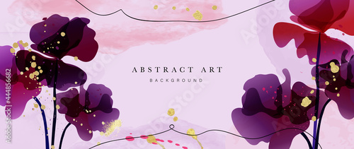 Fototapeta Naklejka Na Ścianę i Meble -  Abstract art flower background vector. Luxury minimal style wallpaper with golden line art floral and botanical leaves, Tulip, rose, Spring growing flowers and Organic shapes watercolor. 