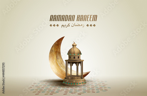 islamic greeetings card design ramadan kareem with gold lantern and crescent moon