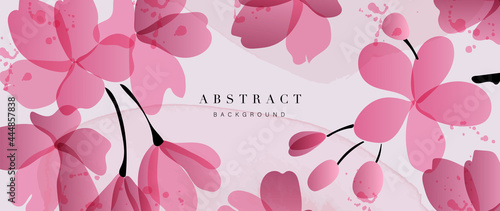 Abstract art flower background vector. Luxury minimal style wallpaper with golden line art floral and botanical leaves, Tulip, rose, Spring growing flowers and Organic shapes watercolor. 